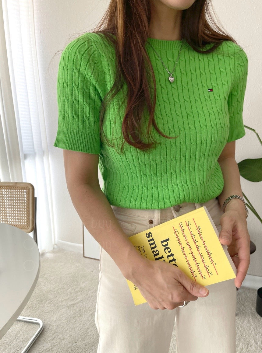 Women Short Sleeve Cable Knit Sweater