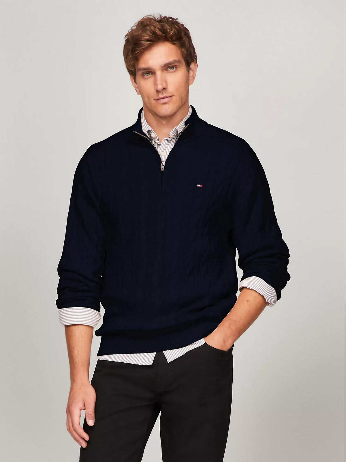 Men Cable Knit Quarter-Zip Sweater
