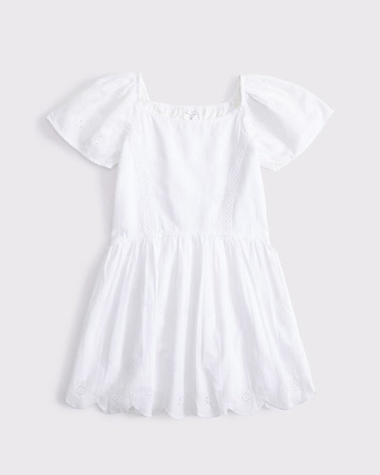 Girls Flutter Sleeve Cutwork Mini Dress