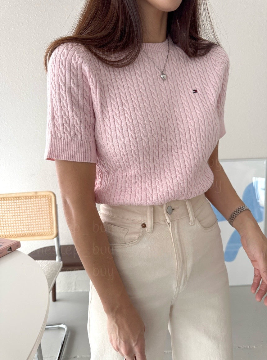 Women Short Sleeve Cable Knit Sweater