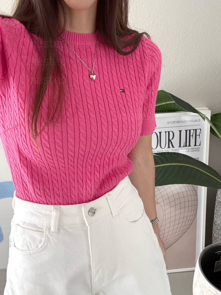 Women Short Sleeve Cable Knit Sweater