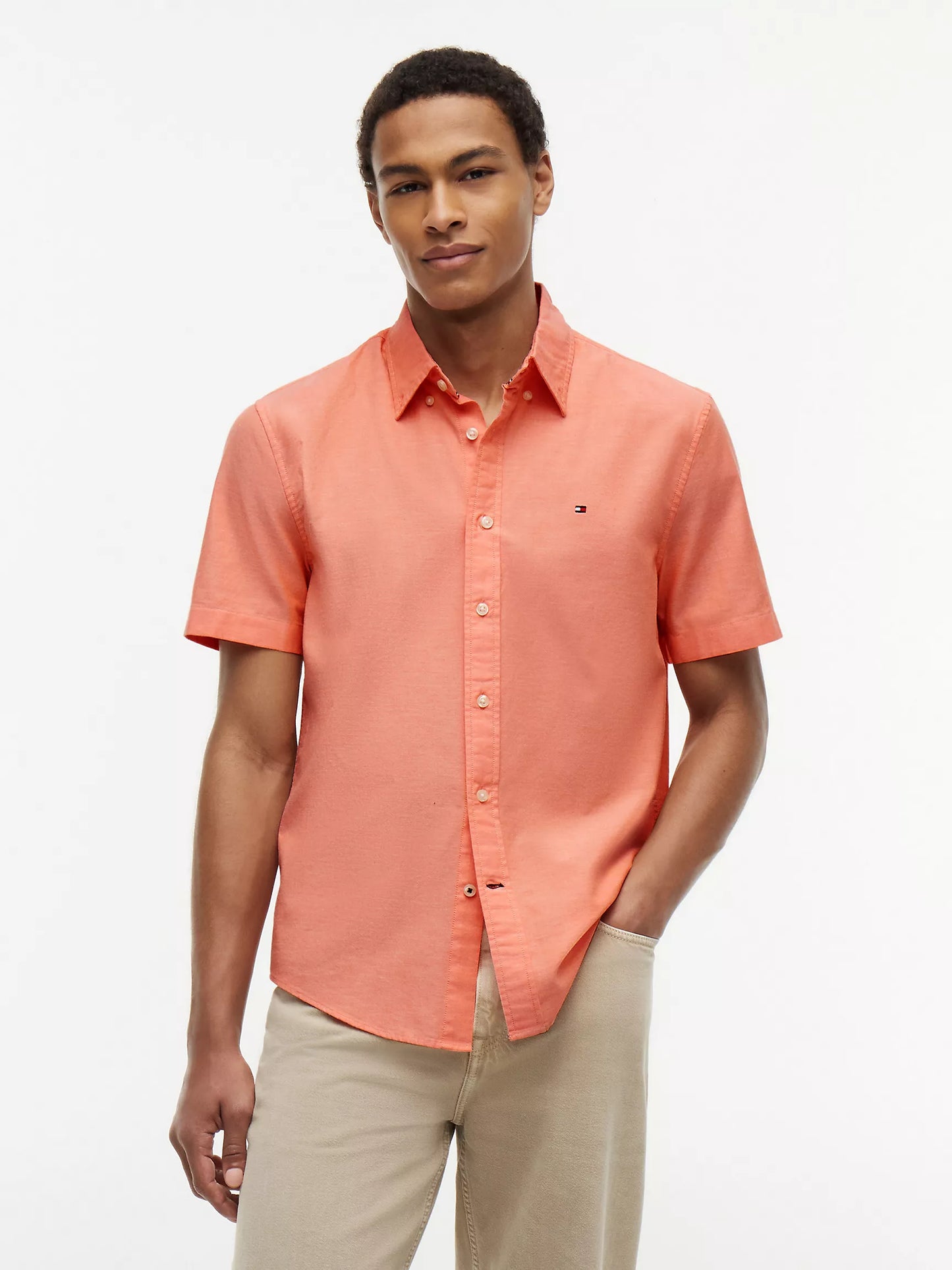 Men Short Sleeve Stretch Oxford Shirt