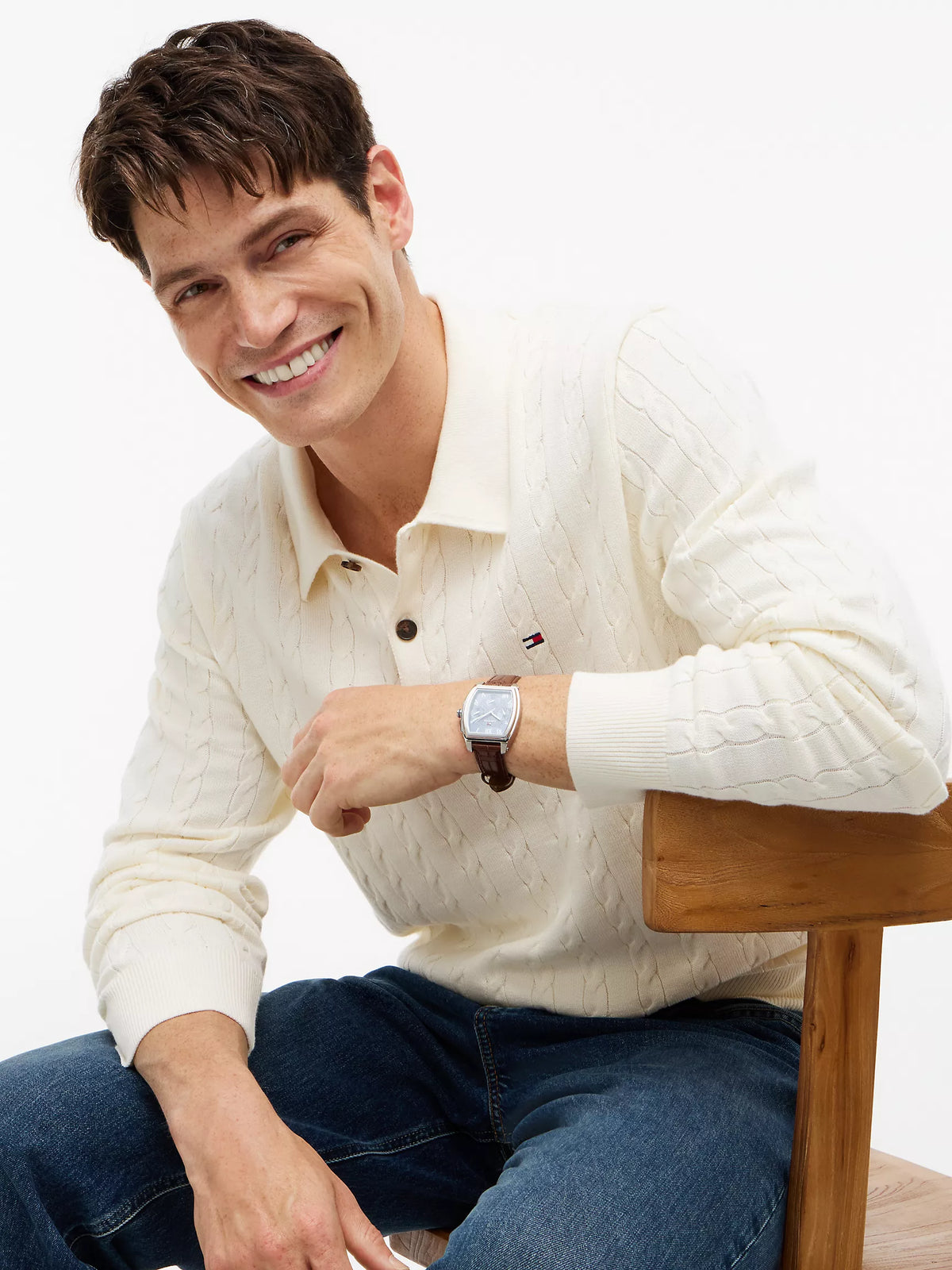 Men Long-Sleeve Cable Knit Sweater Polo
