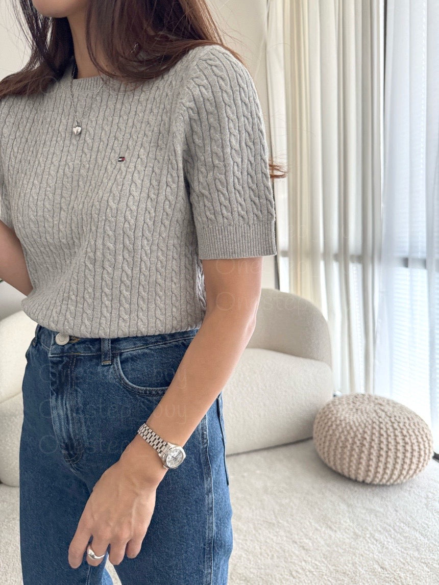 Women Short Sleeve Cable Knit Sweater