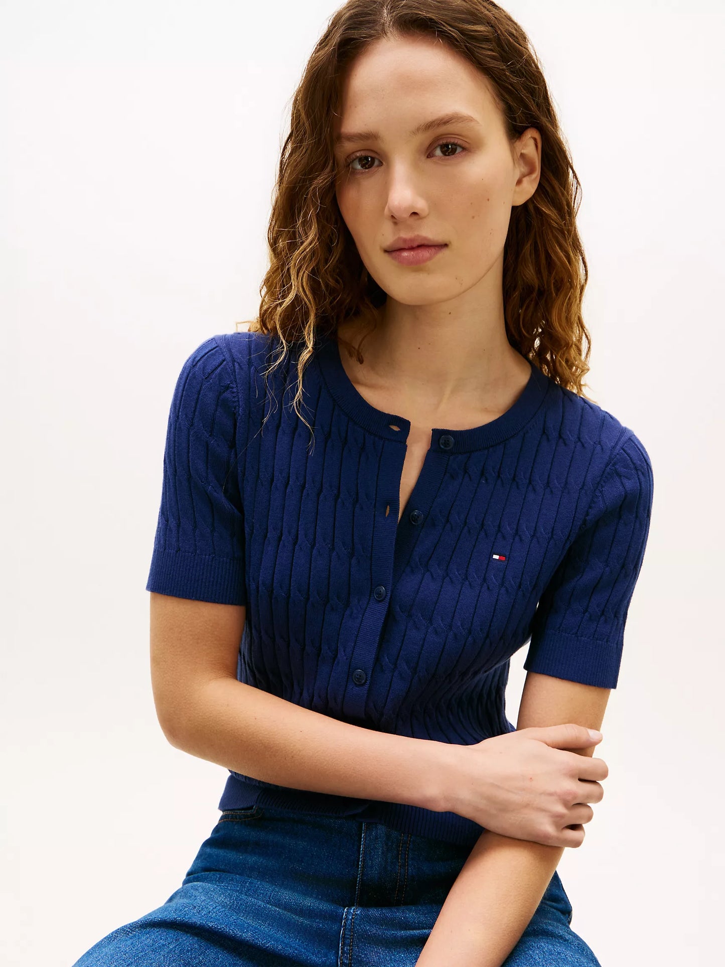 Women Short-Sleeve Cable Cardigan