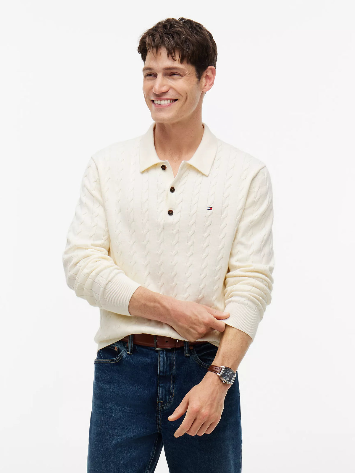 Men Long-Sleeve Cable Knit Sweater Polo