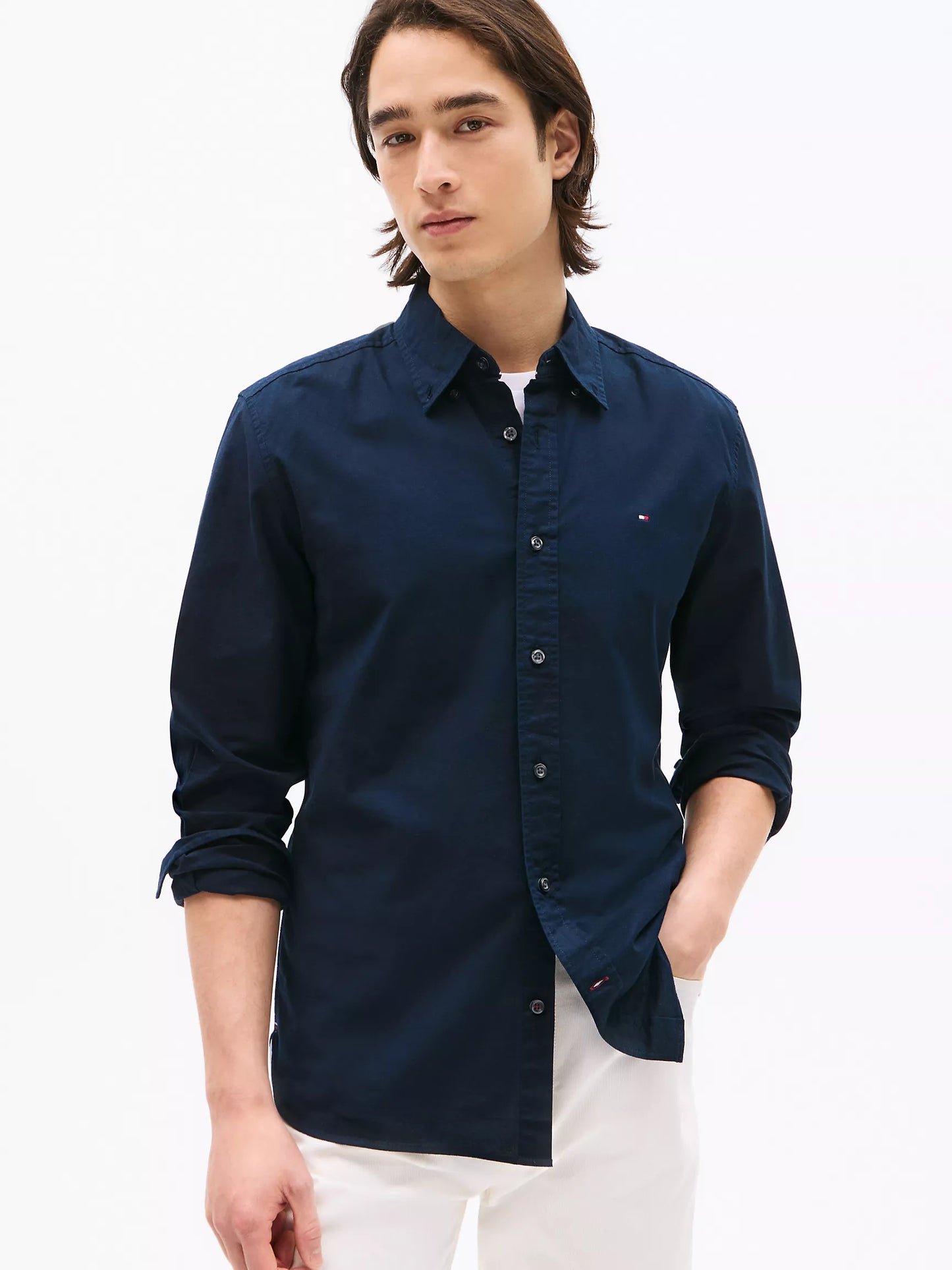 Men Solid Stretch Oxford Shirt