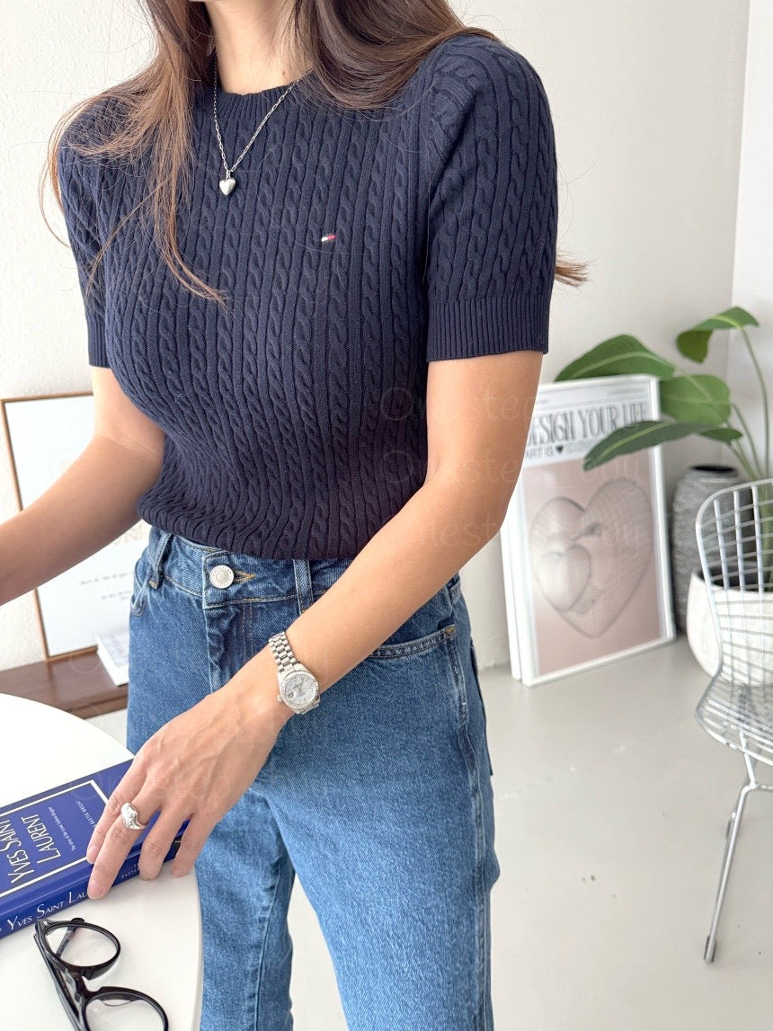 Women Short Sleeve Cable Knit Sweater