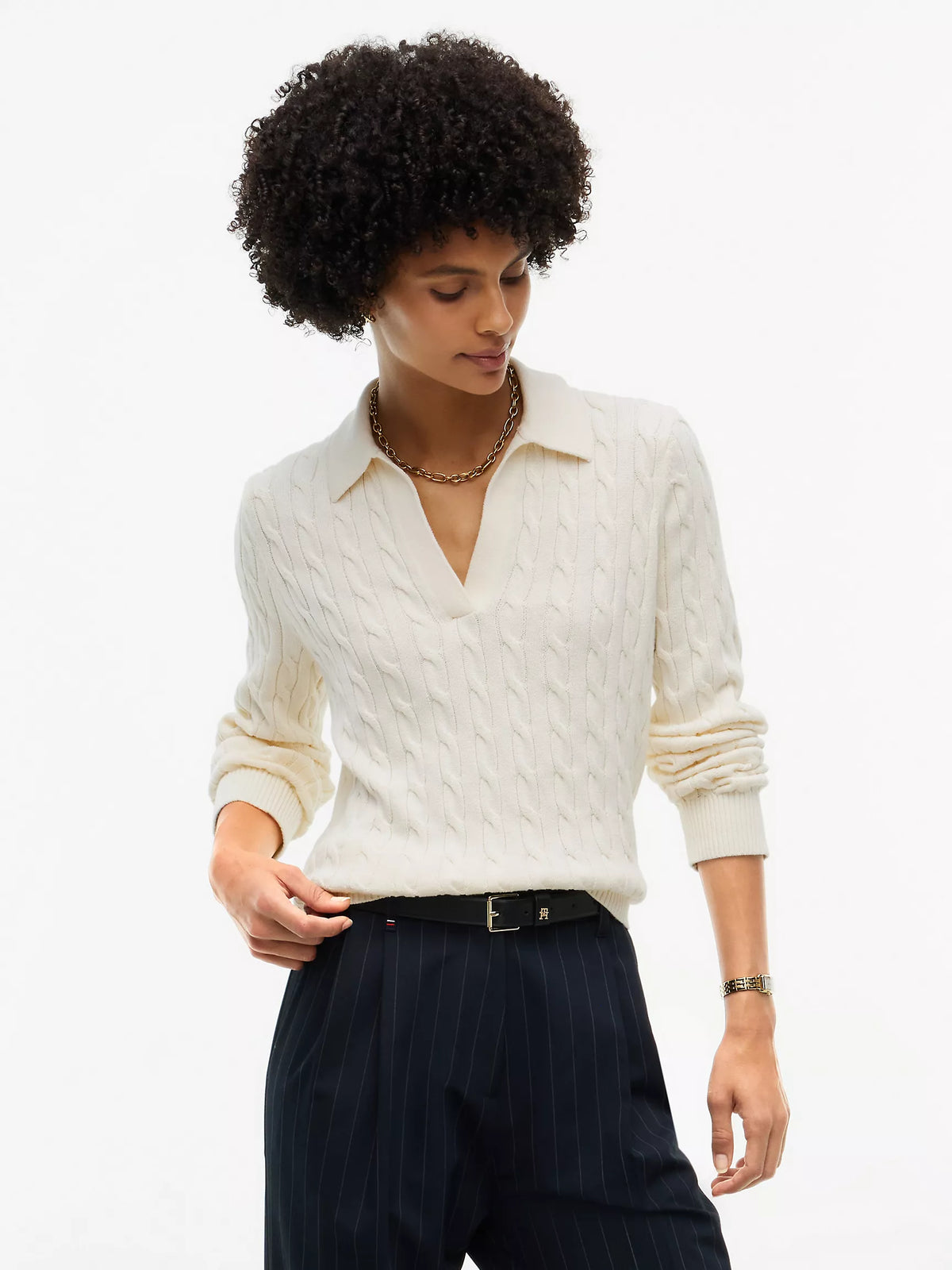 Tommy Open Placket Cable Knit Sweater Polo