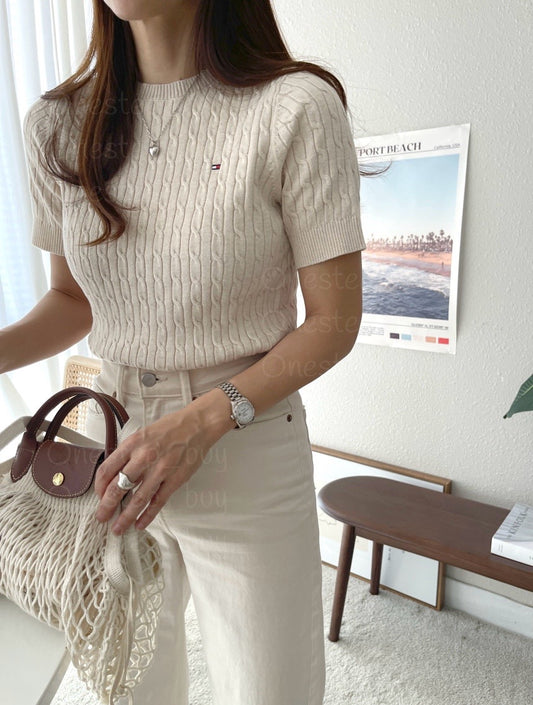 Women Short Sleeve Cable Knit Sweater