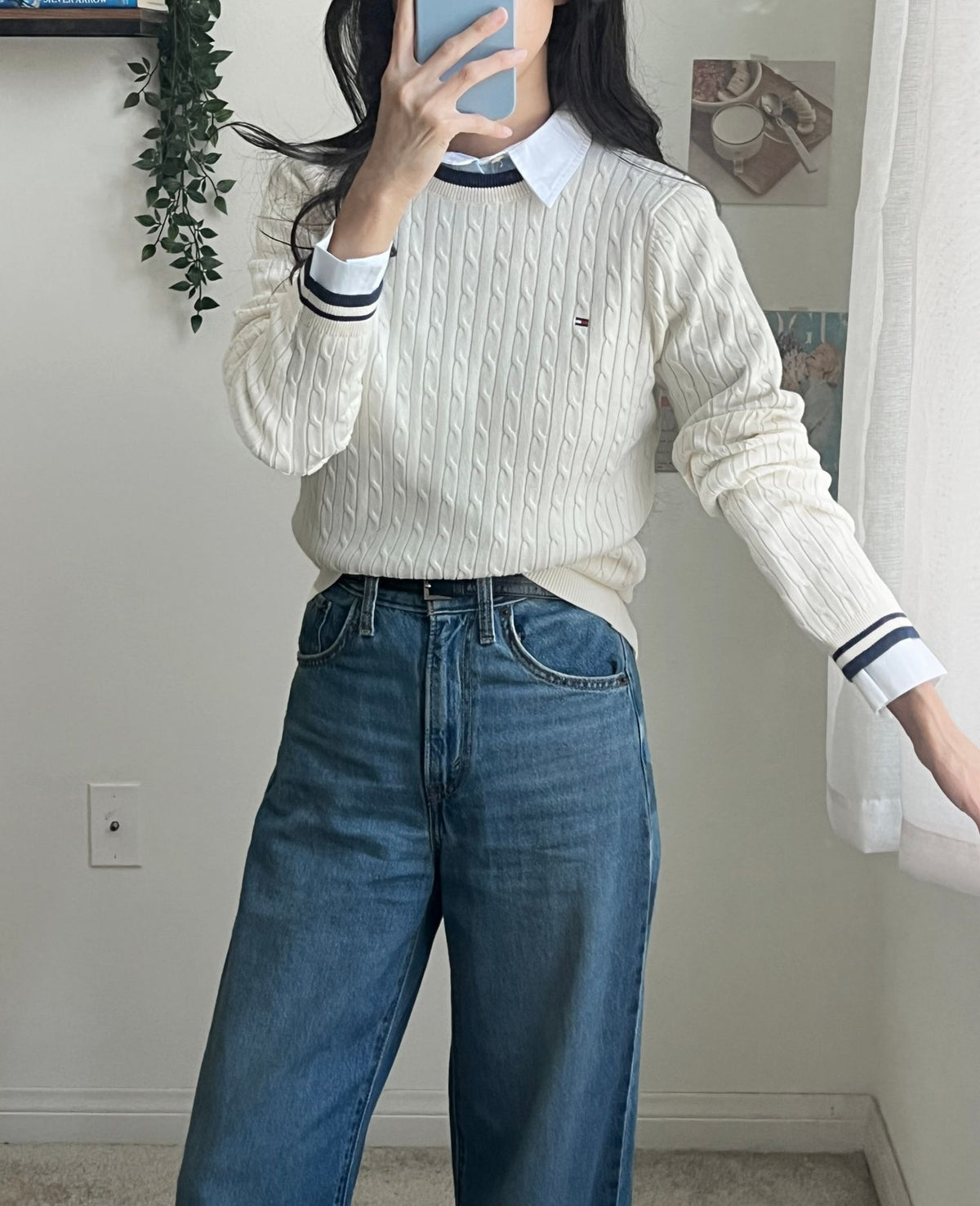 Tommy Cable Knit Tipped Crewneck Sweater