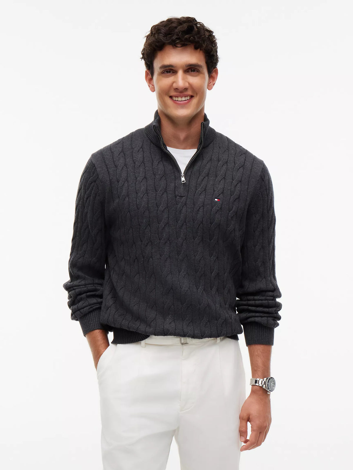 Men Cable Knit Quarter-Zip Sweater
