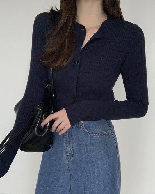 Tommy Cropped Rib Knit Cardigan