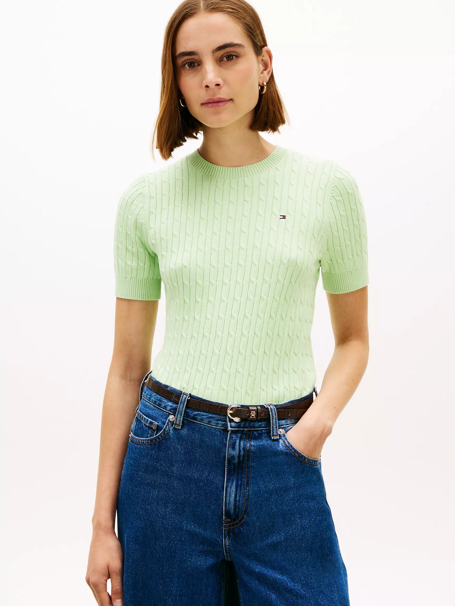 Women Short Sleeve Cable Knit Sweater