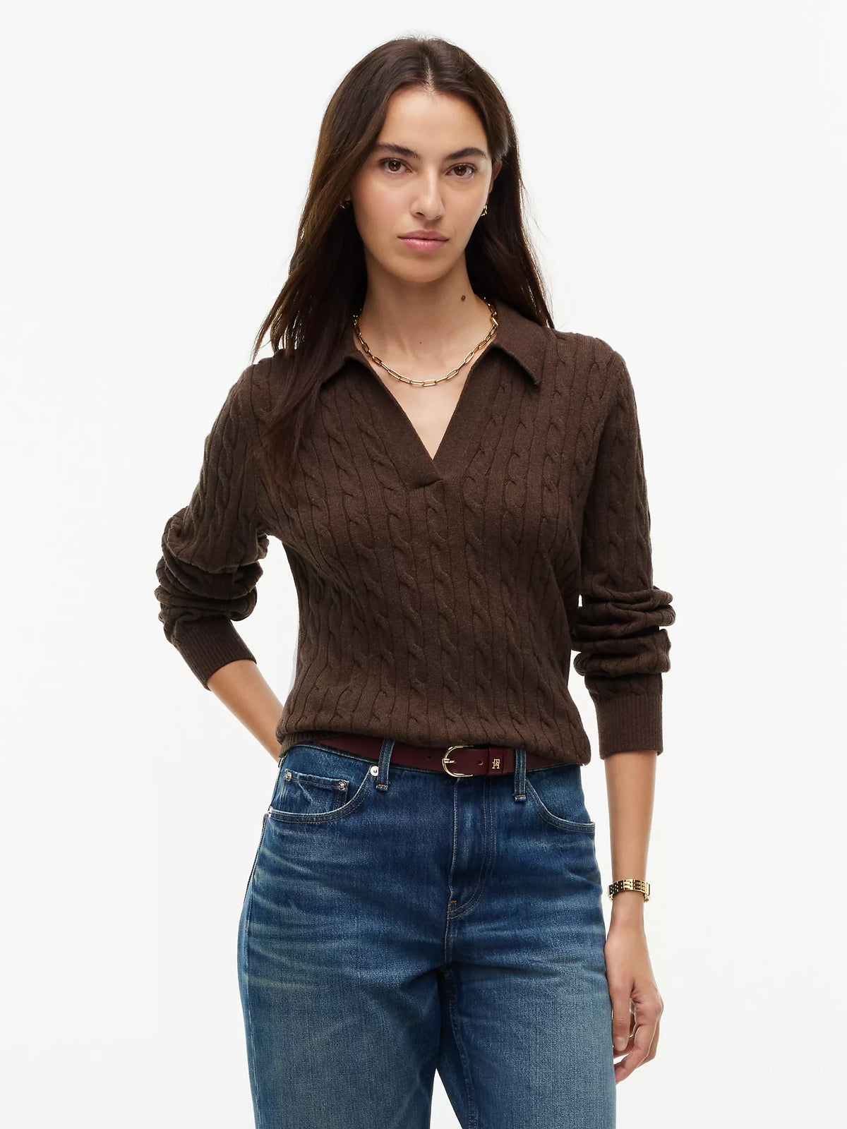Tommy Open Placket Cable Knit Sweater Polo
