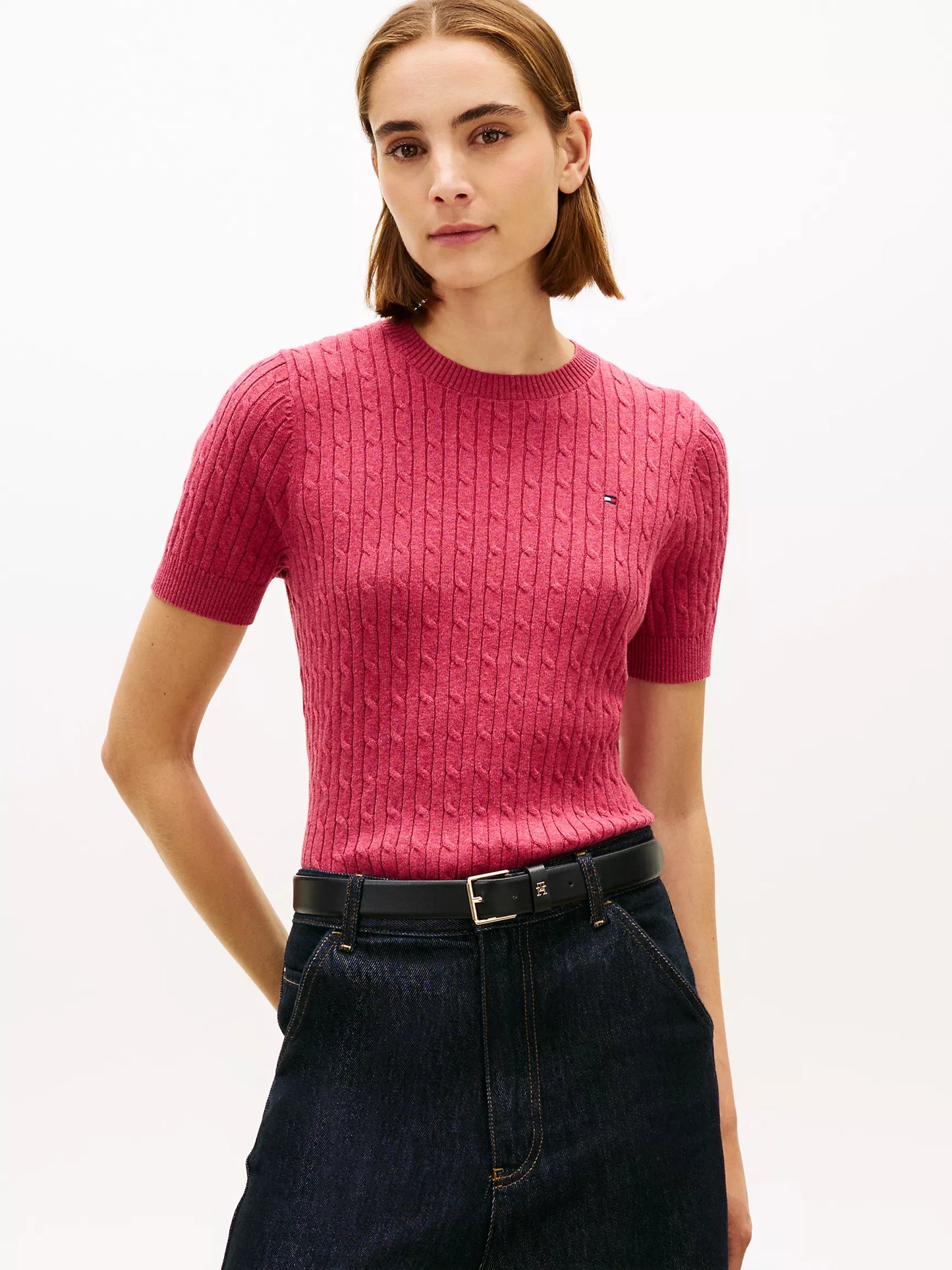 Women Short Sleeve Cable Knit Sweater