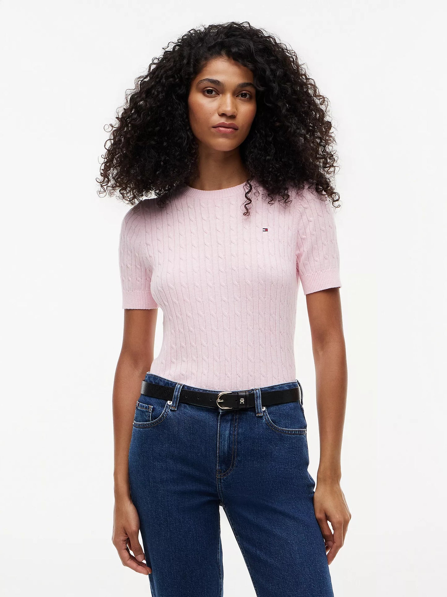 Women Short Sleeve Cable Knit Sweater