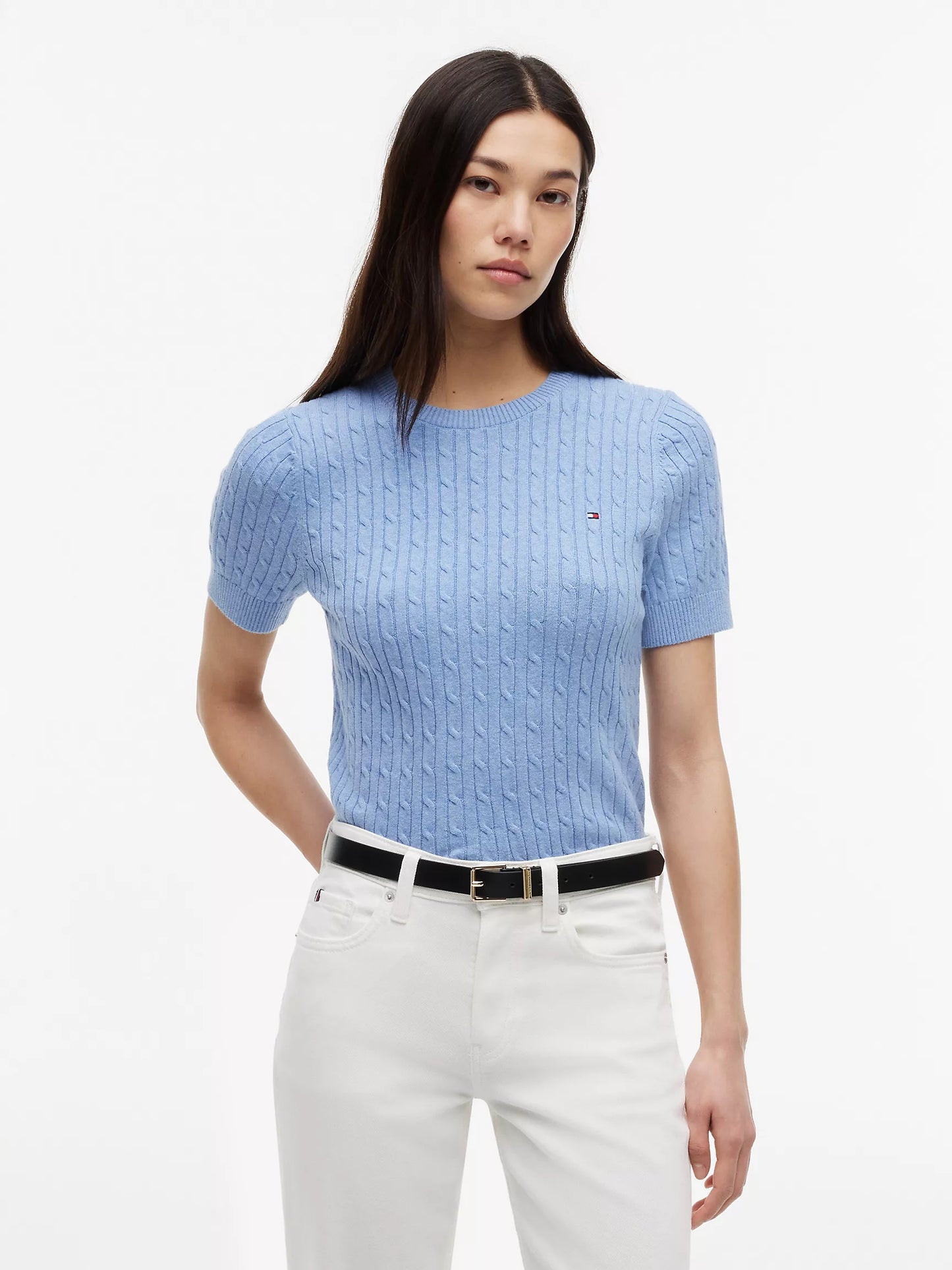 Women Short Sleeve Cable Knit Sweater