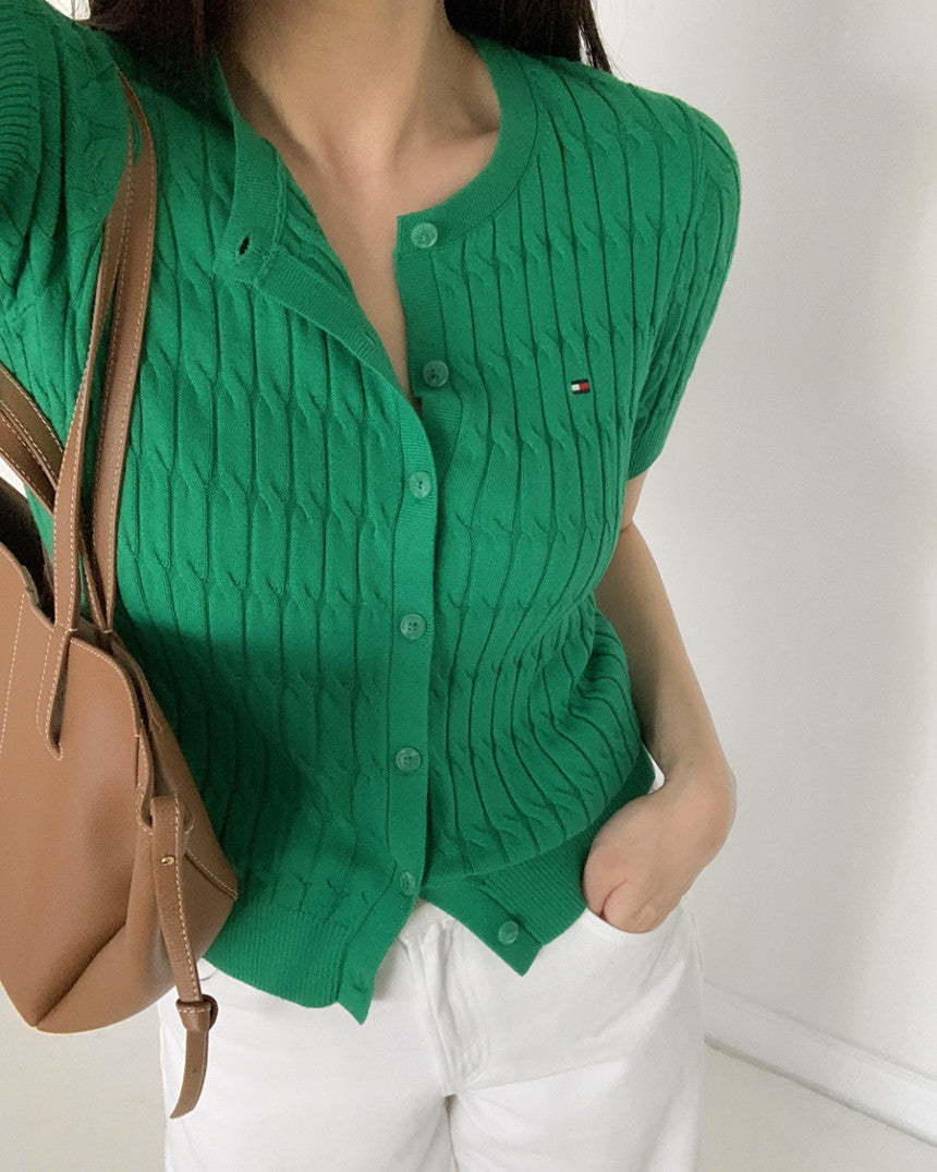 Women Short-Sleeve Cable Cardigan