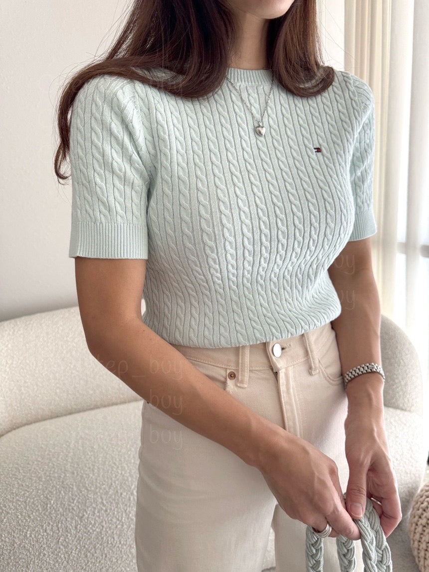 Women Short Sleeve Cable Knit Sweater
