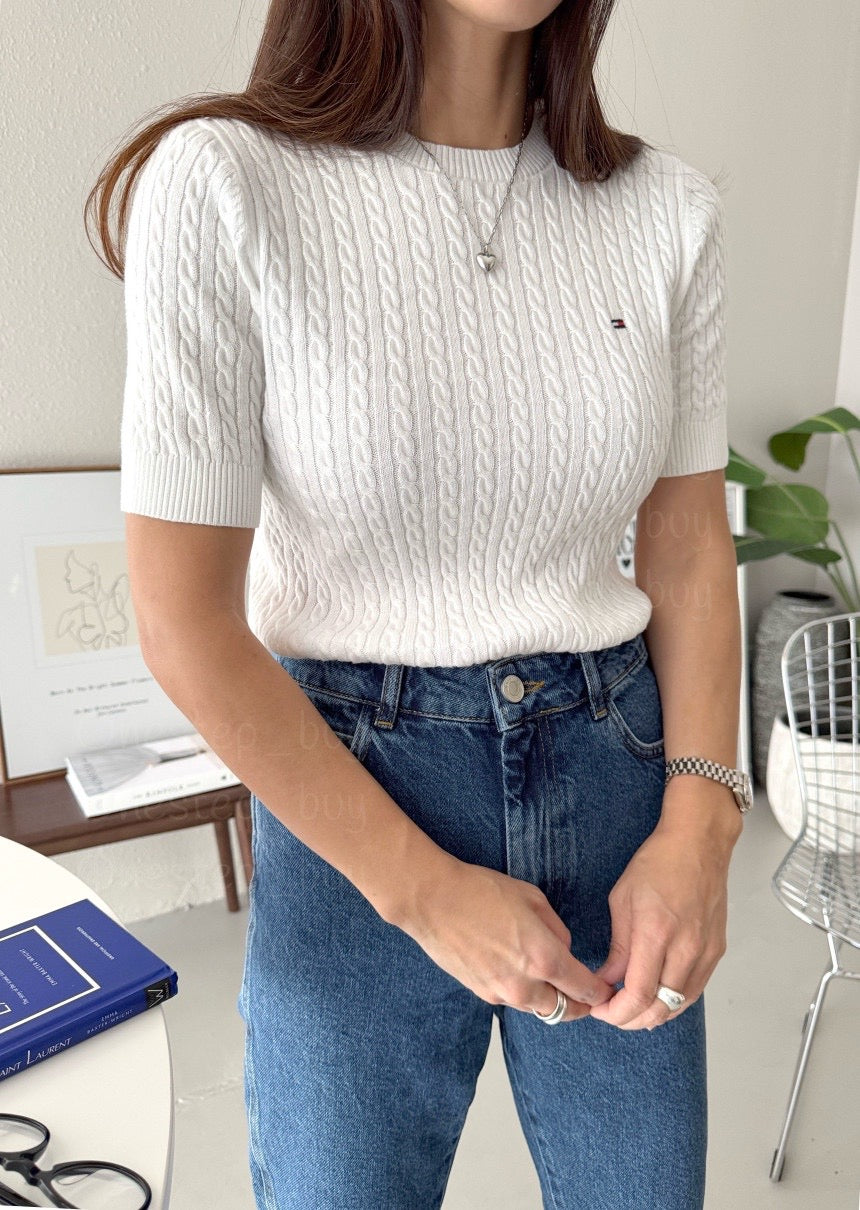 Women Short Sleeve Cable Knit Sweater