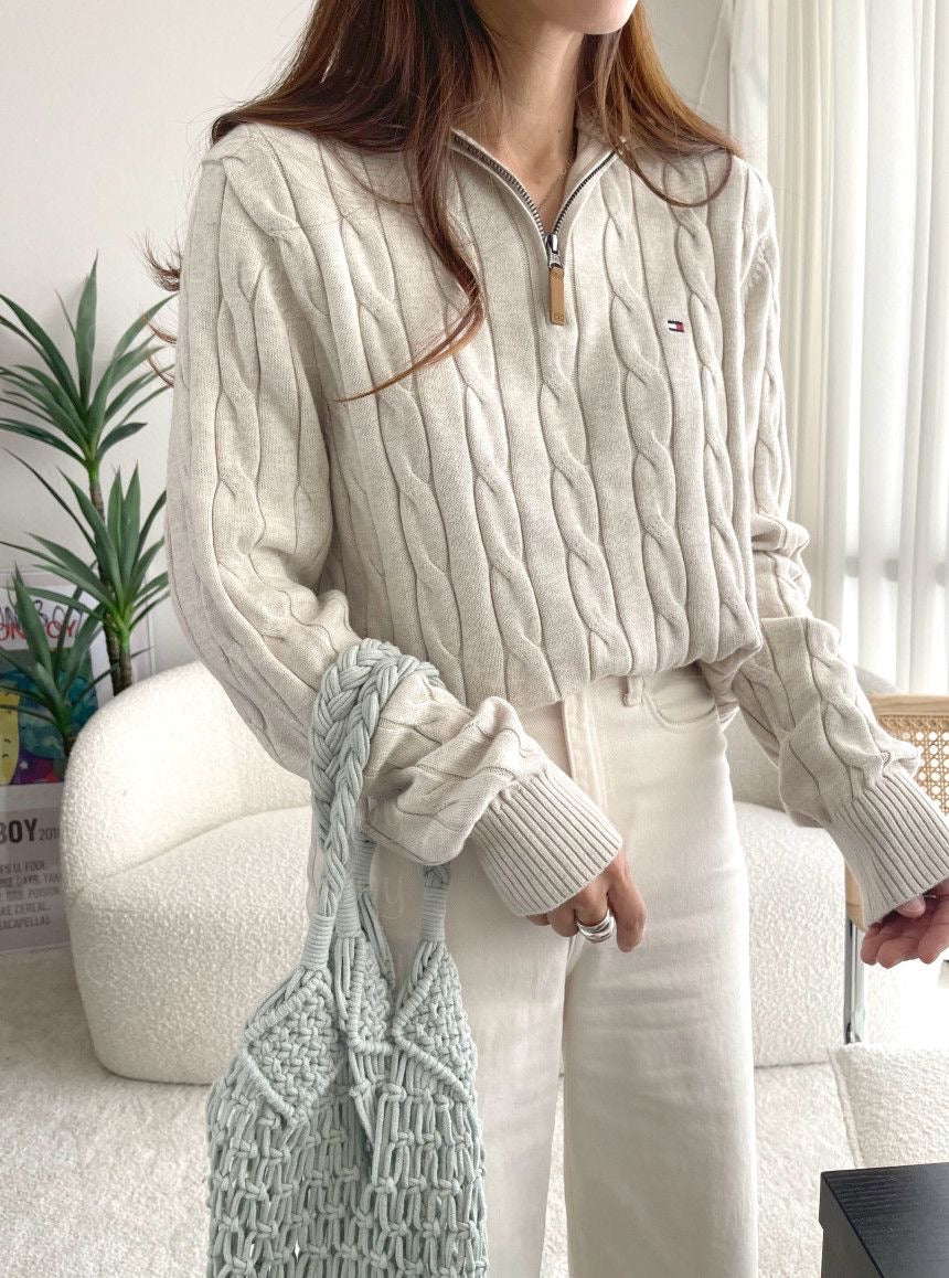 Men Cable Knit Quarter-Zip Sweater