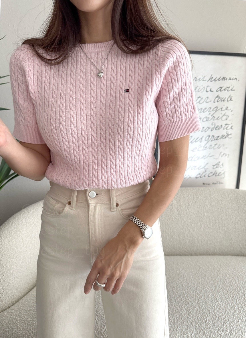 Women Short Sleeve Cable Knit Sweater