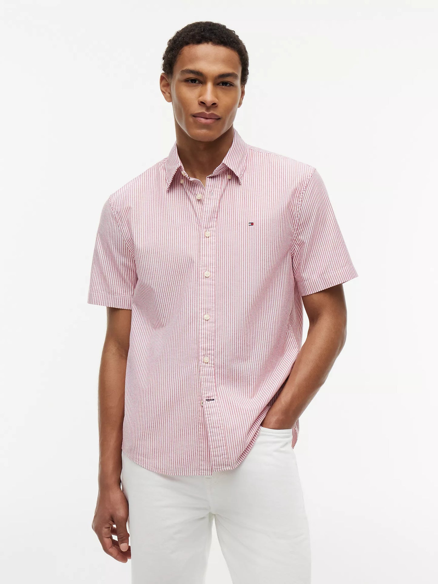 Men Short Sleeve Stripe Stretch Oxford Shirt