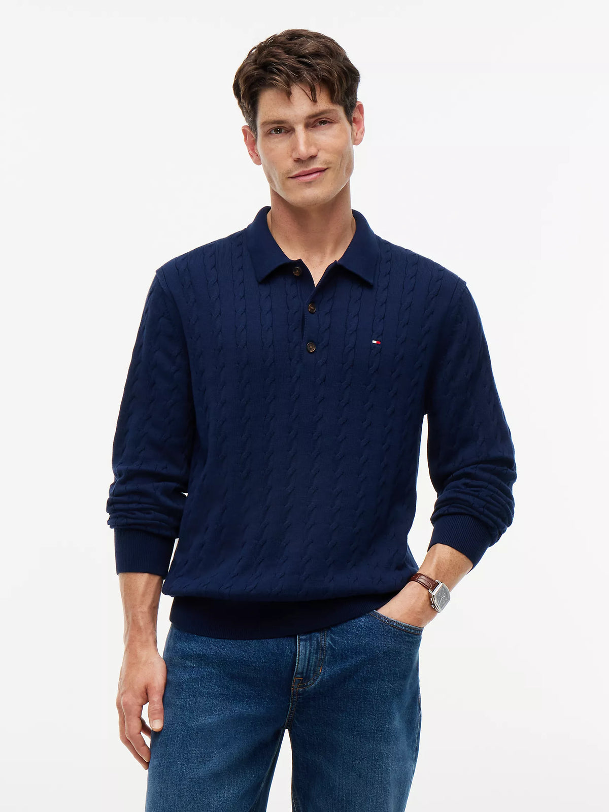 Men Long-Sleeve Cable Knit Sweater Polo