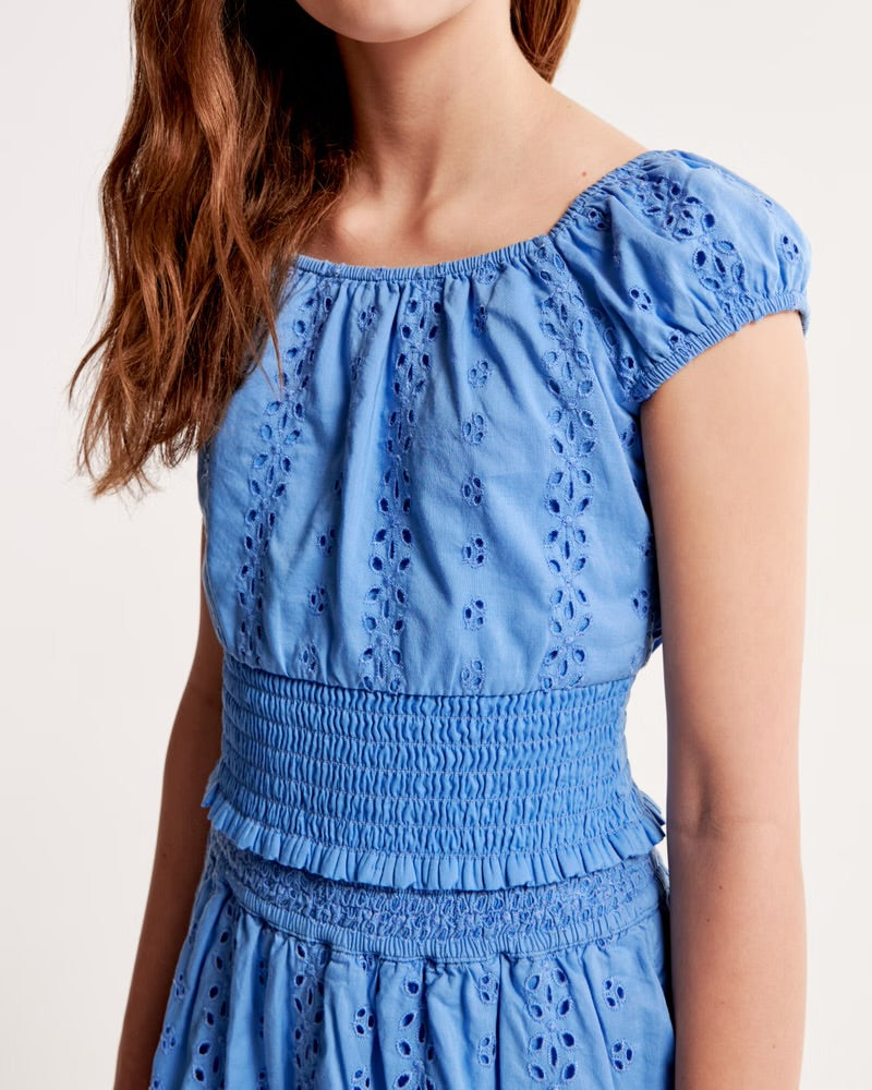 Girls Eyelet Smocked Waist Set Top