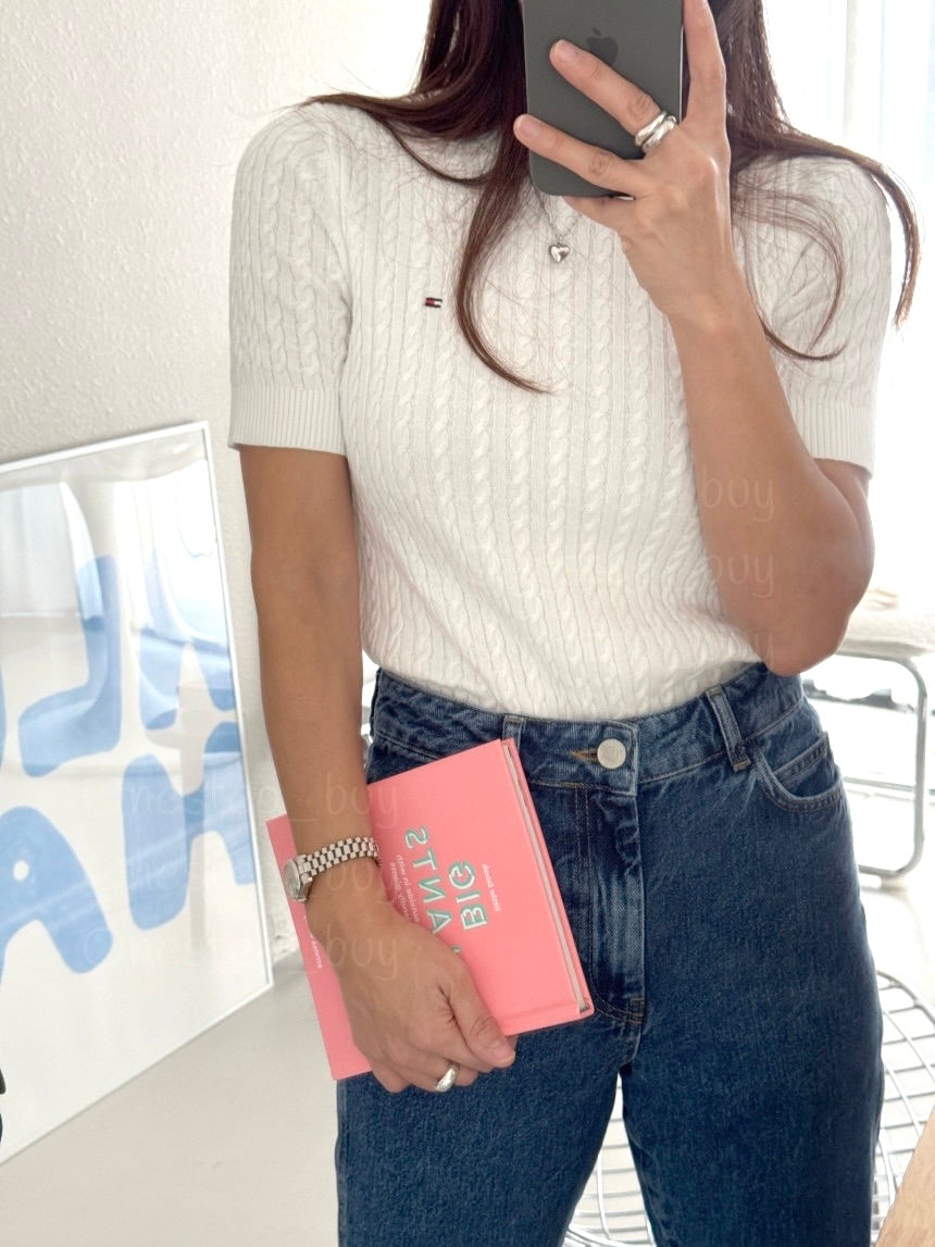 Women Short Sleeve Cable Knit Sweater