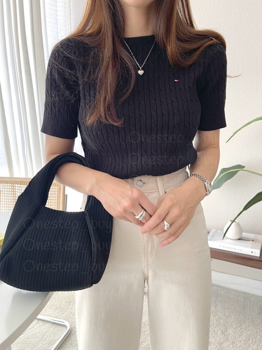 Women Short Sleeve Cable Knit Sweater