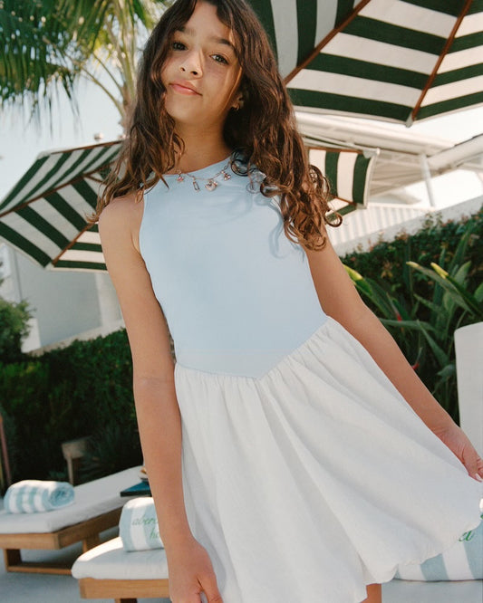 Girls Mixed Fabric Bubble Hem Mini Dress