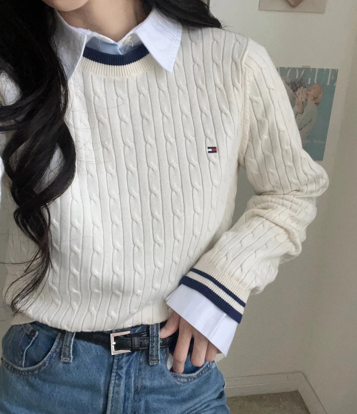 Tommy Cable Knit Tipped Crewneck Sweater