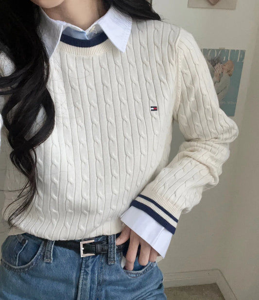 Tommy Cable Knit Tipped Crewneck Sweater