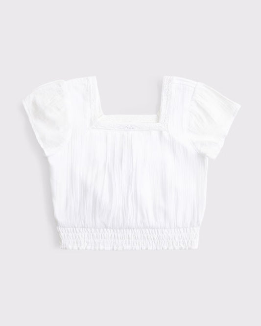 Girls Lace-trim Smocked Waist Top