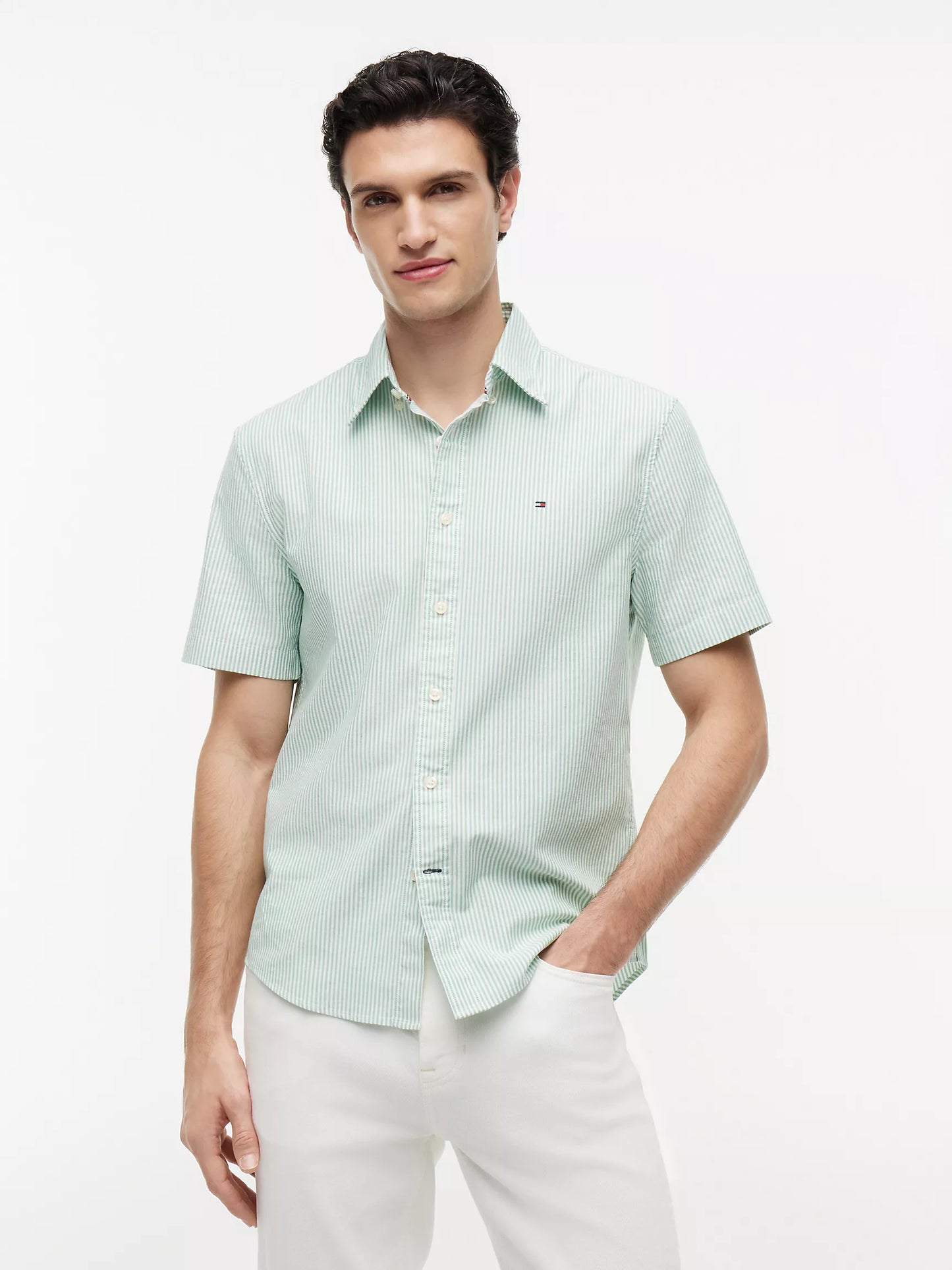 Men Short Sleeve Stripe Stretch Oxford Shirt
