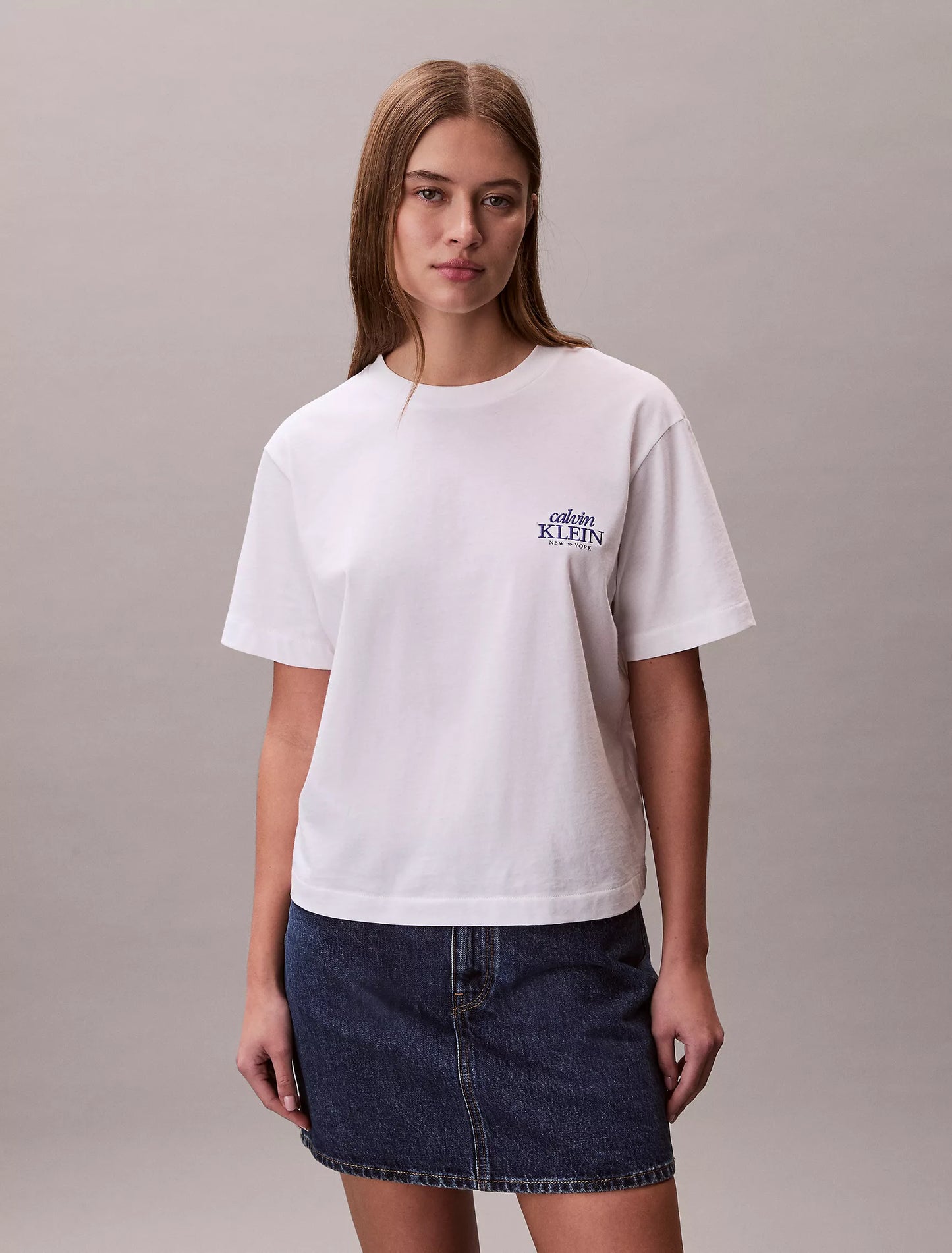 Women Embroidered Logo Graphic Boxy Tee