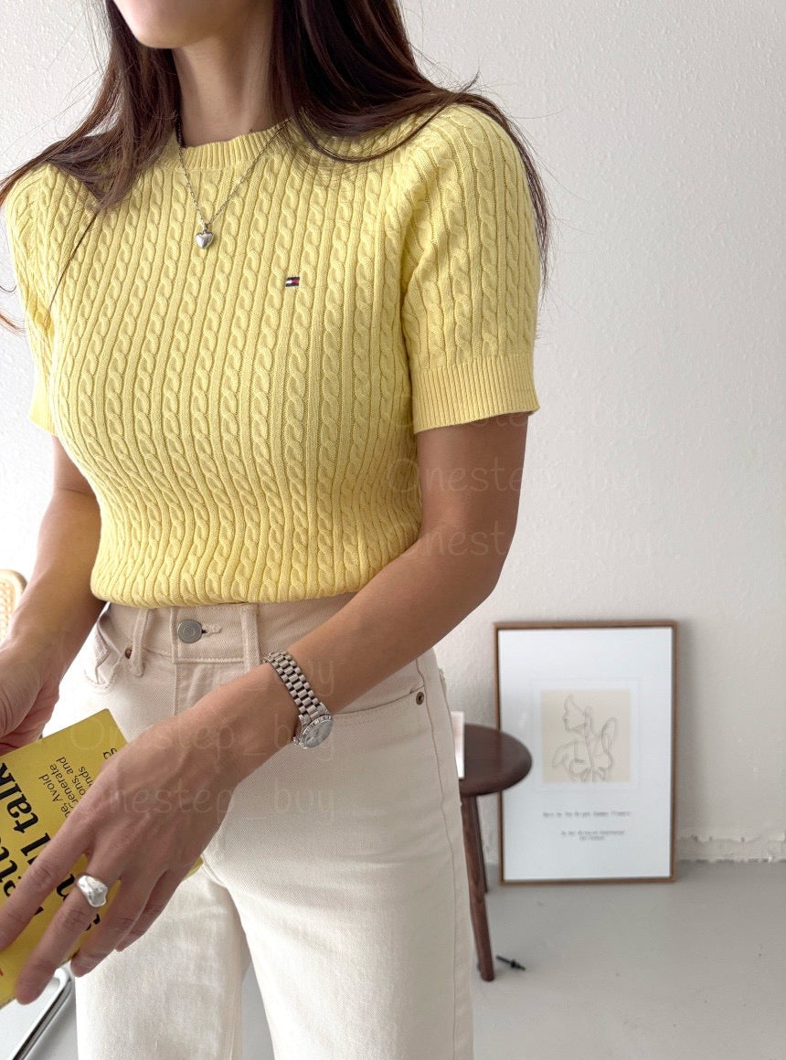 Women Short Sleeve Cable Knit Sweater