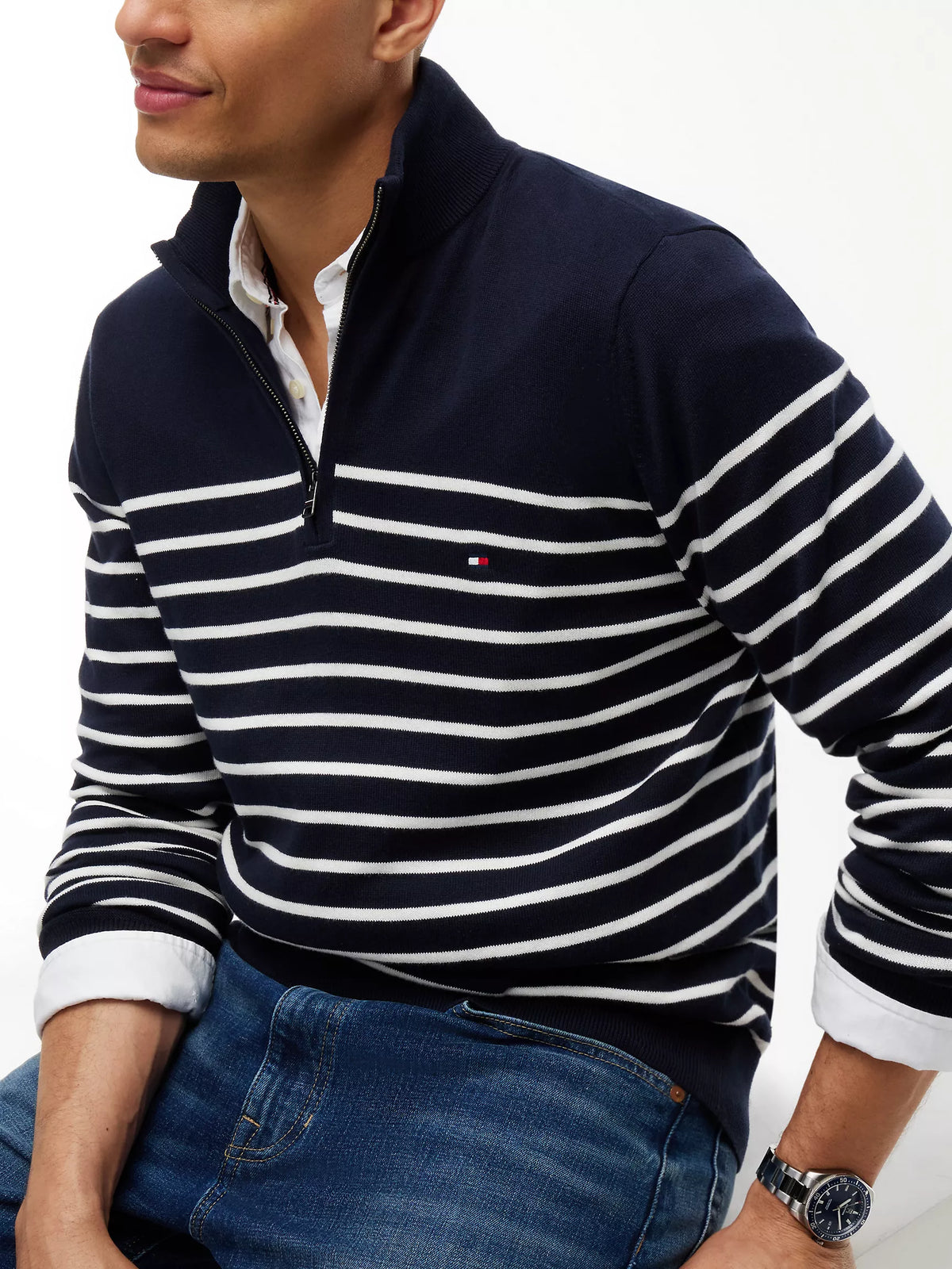 Men Striped Quarter-Zip Sweater