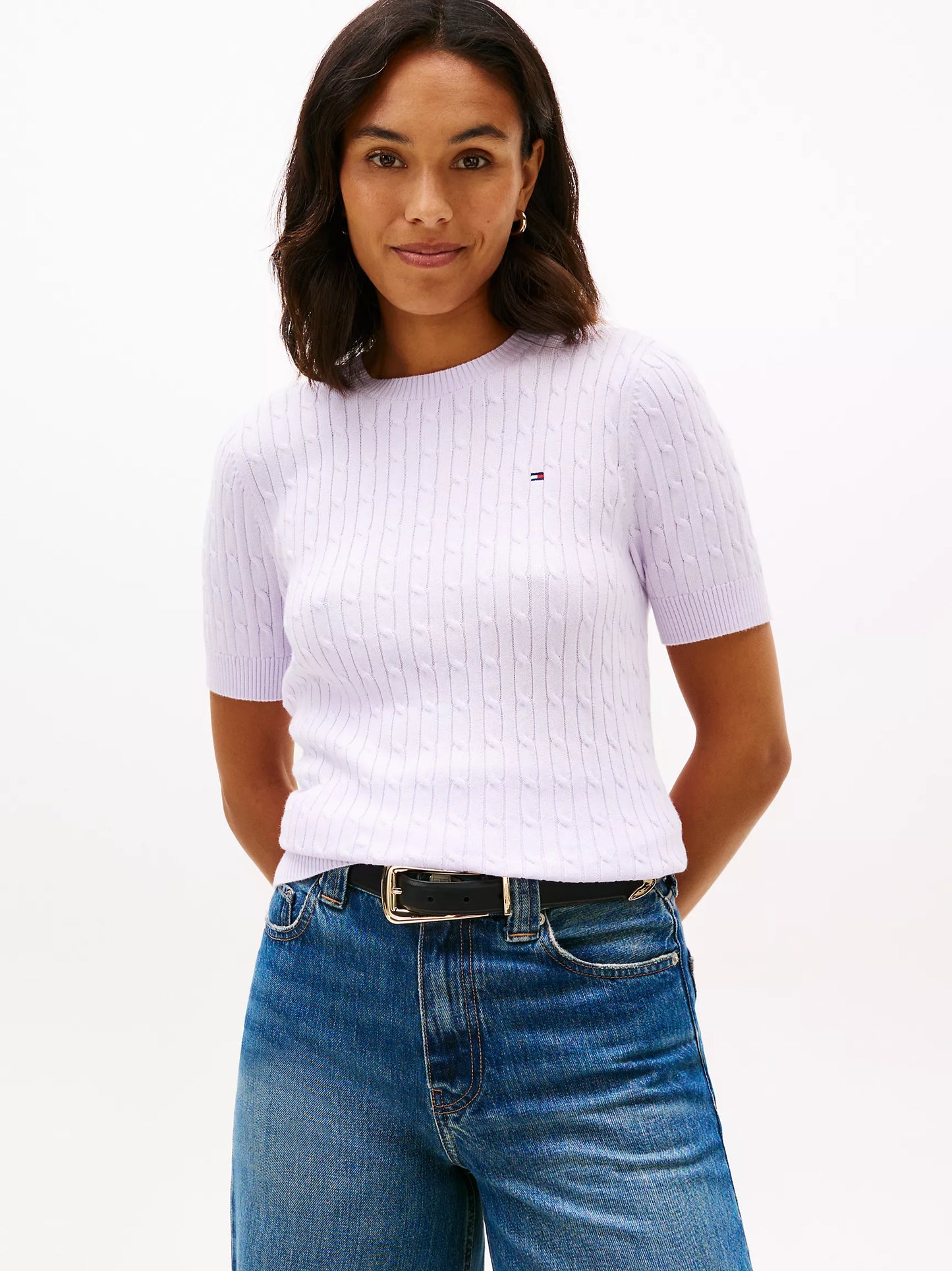 Women Short Sleeve Cable Knit Sweater
