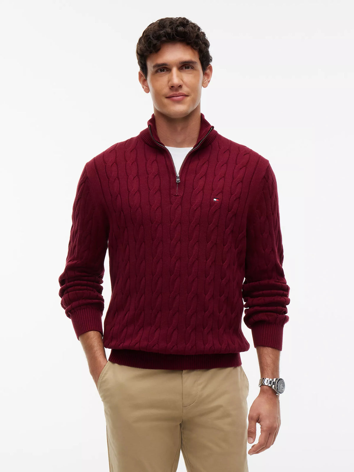 Men Cable Knit Quarter-Zip Sweater