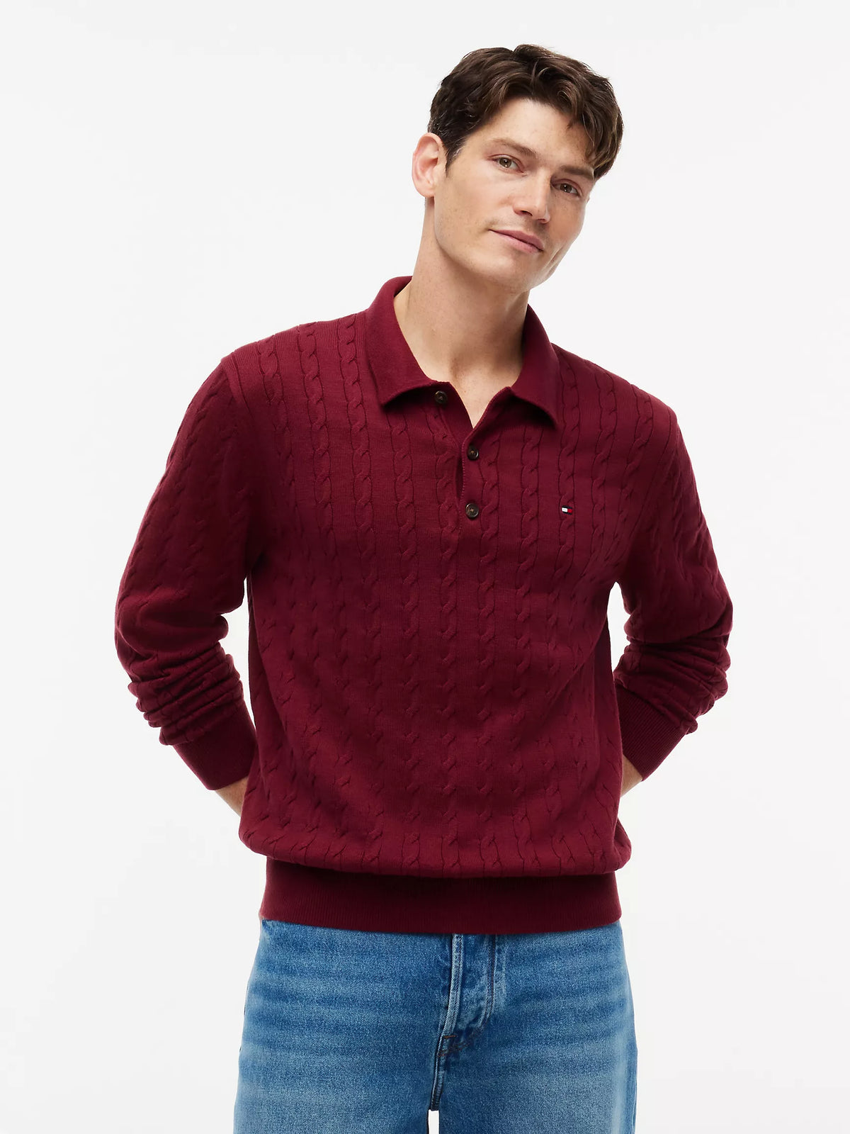 Men Long-Sleeve Cable Knit Sweater Polo