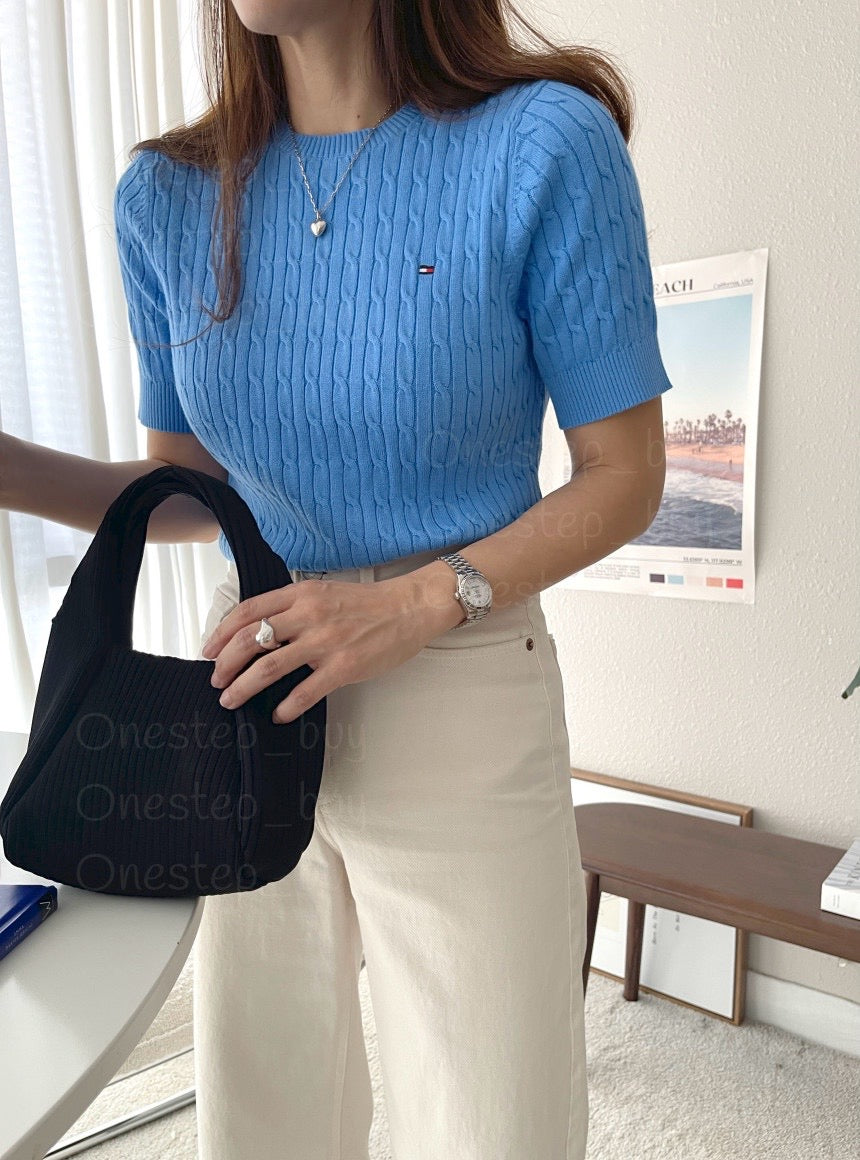 Women Short Sleeve Cable Knit Sweater
