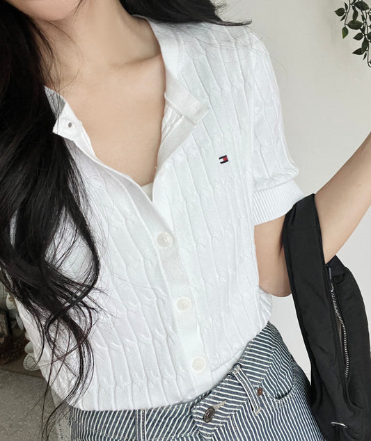 Women Short-Sleeve Cable Cardigan