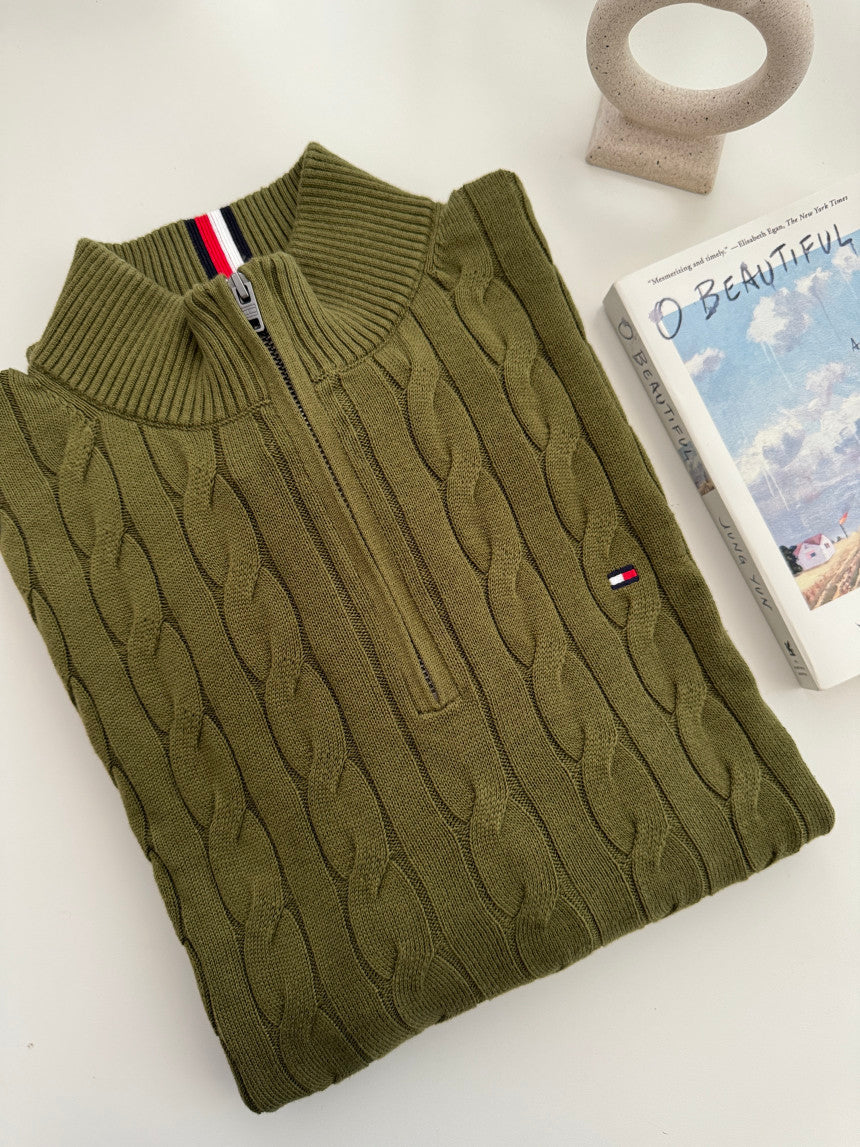 Men Cable Knit Quarter-Zip Sweater