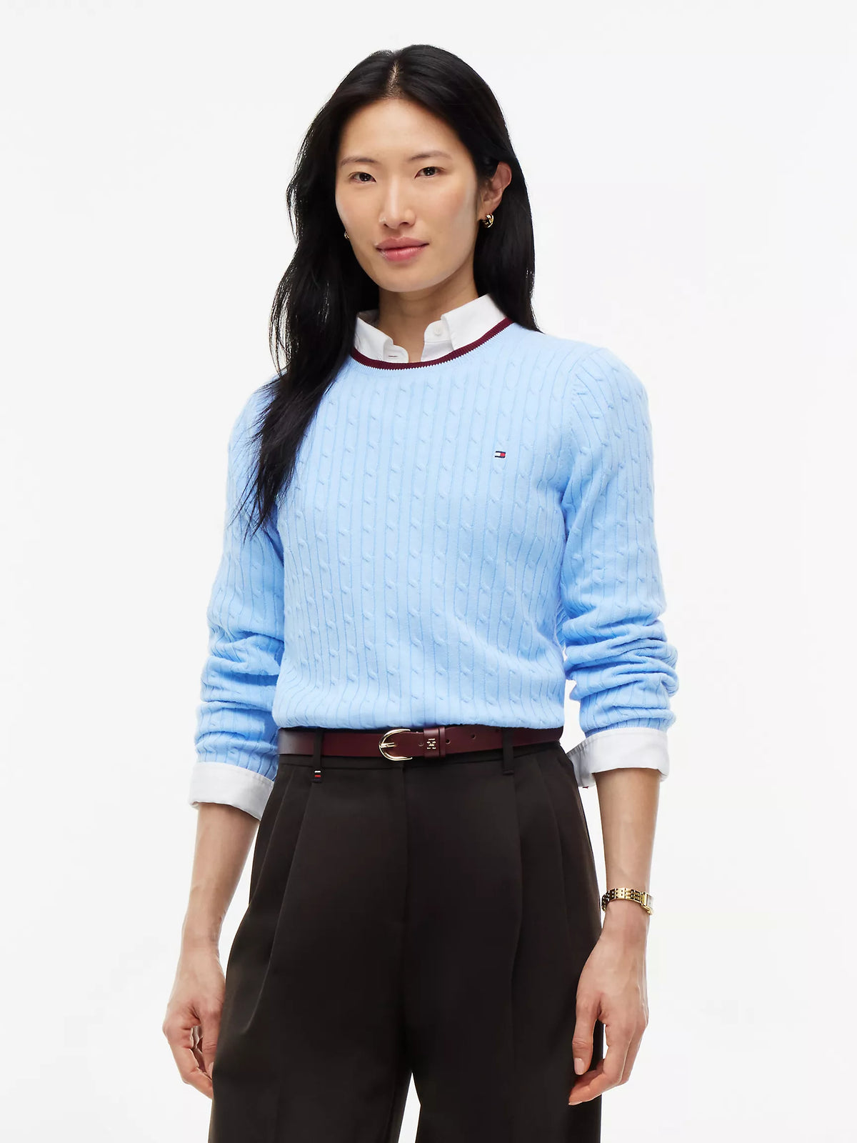 Tommy Cable Knit Tipped Crewneck Sweater