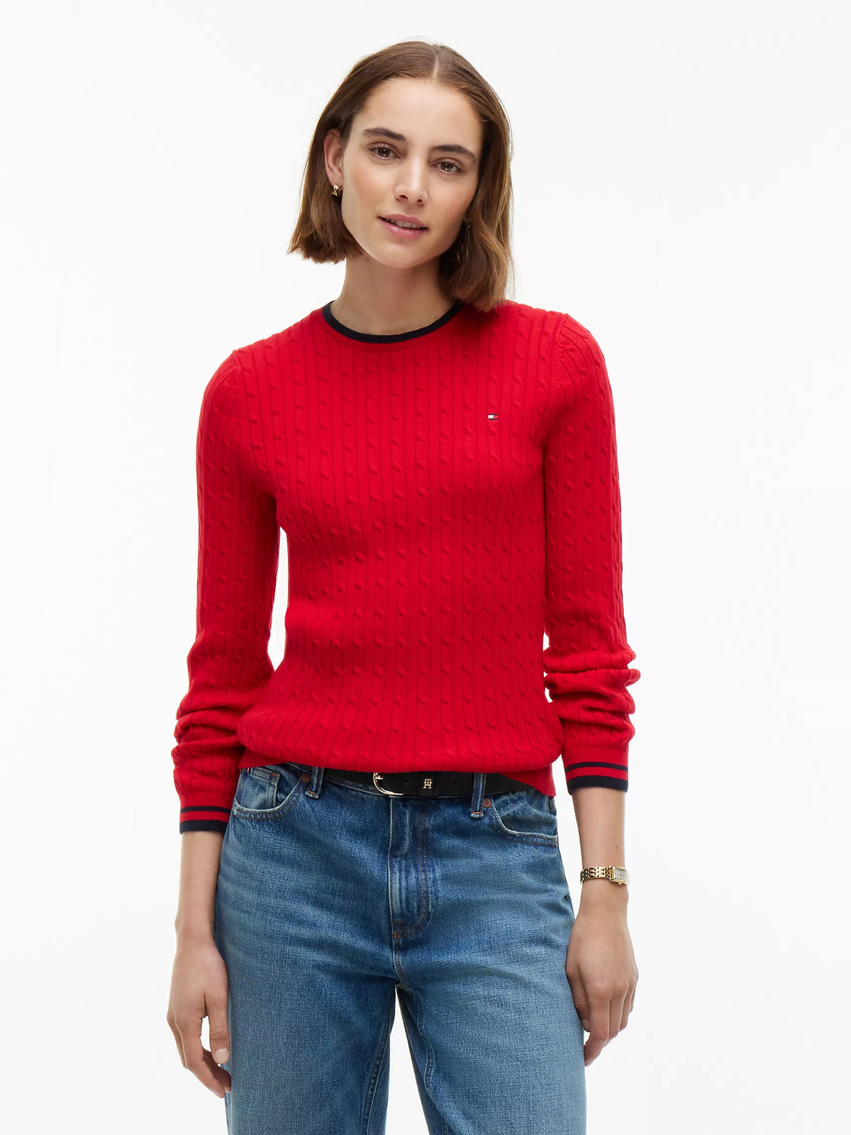 Tommy Cable Knit Tipped Crewneck Sweater