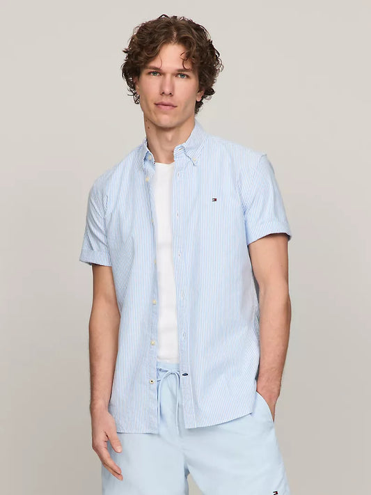 Men Short Sleeve Stripe Stretch Oxford Shirt