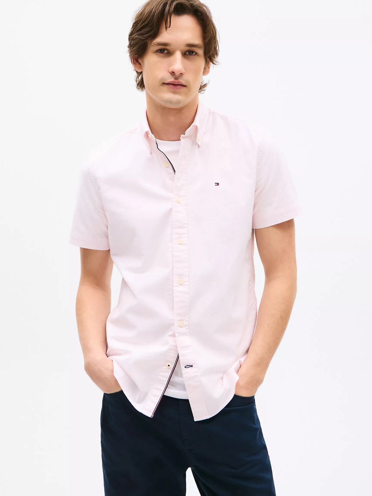 Men Short Sleeve Stripe Stretch Oxford Shirt